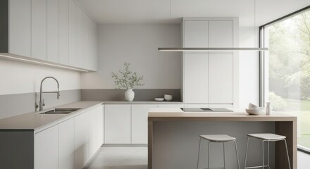 Sleek Modern Minimalist Kitchen with White Cabinets, Light Wood Island, Integrated Appliances, and Large Window for Natural Light