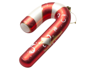 Red, white striped ornament with festive patterns on a hook