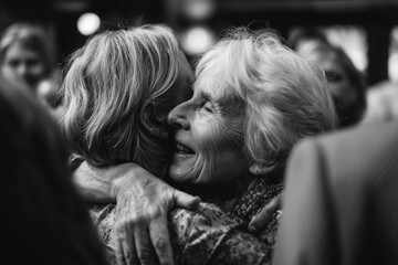 Tender moment of two elderly women embracing warmly in a crowd