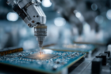 FUTURE AUTOMATED MANUFACTURING. A robotic arm performing precise micro-soldering, symbolizing the peak of industrial efficiency and the fusion of AI with hardware.