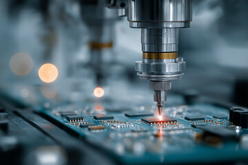 FUTURE AUTOMATED MANUFACTURING. A robotic arm performing precise micro-soldering, symbolizing the peak of industrial efficiency and the fusion of AI with hardware.