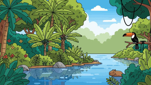Vibrant cartoon Amazonian riverside with exotic toucan and playful capybara illustrating lush jungle wildlife