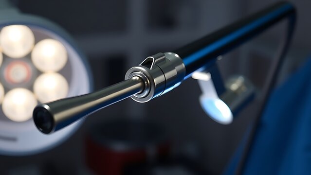 laparoscope. Slender laparoscope with polished metal surface reflecting light, on a medical tray with professional lighting. product launch decks.