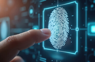 Finger touches digital fingerprint scanner display. Futuristic biometric identity verification for access. Data security and personal identification concept.