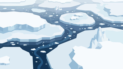 Vast arctic landscape illustration with broken ice sheets floating in dark blue channels, capturing the silent, cold beauty of a remote, frozen