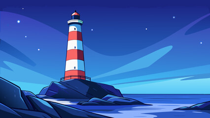 A lighthouse stands on rocky ground by the sea under a starry night sky with a vibrant blue and red striped tower © Rana Islam