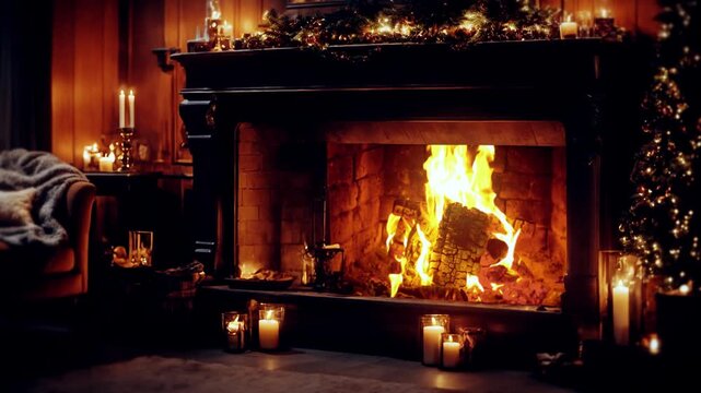 Cozy Romantic Fireplace with Candles and Warm Ambiance