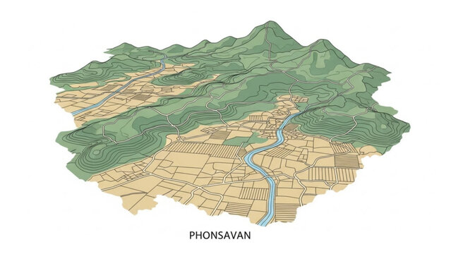 Topographic map of phonsavan with river flowing through agricultural land and mountains with landscape and geography and terrain with vector