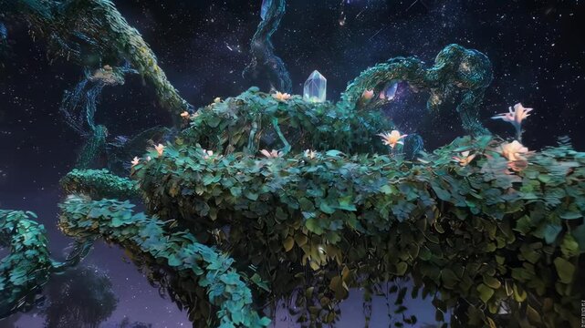 A fantastical, glowing, crystalline orb-covered, plant-filled structure against a starry night