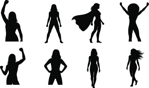 Empowered woman silhouette vector set with cape, strong pose, diverse hairstyle, confident stance, feminist theme, black illustration design