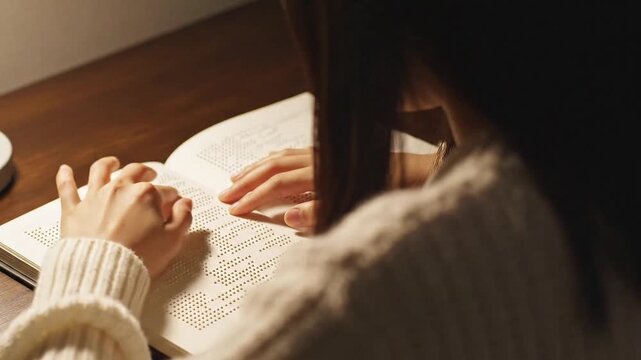 Woman reading braille book in cozy indoor setting
