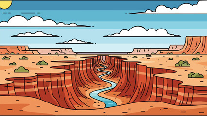 Appealing vector illustration showcases magnificent desert canyon, with serene river flowing through its red rock depths beneath a cloud-rich blue