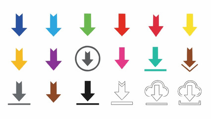 Collection of Download Arrow Icons in Various Styles and Colors.
