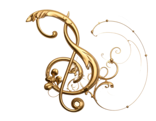 Ornate golden treble clef with ornate flourishes on black