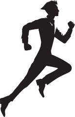 A dynamic black silhouette of an employee or businessman in a shirt and tie, energetically running, conveying speed and determination.