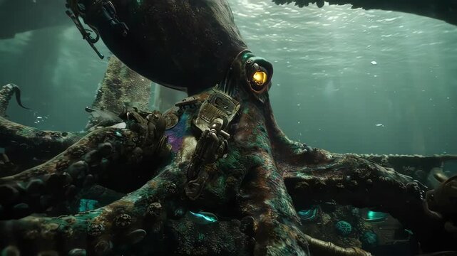 Steampunk octopus submerged in deep sea