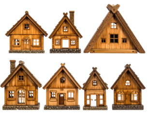 Small wooden houses, varied designs, with intricate details