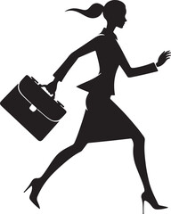 Dynamic black silhouette of a female employee in business attire, rushing through an implied hallway with a briefcase.