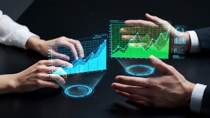 Business professionals analyzing holographic financial data for growth - Powered by Adobe