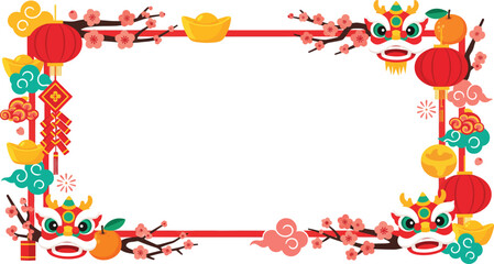 Festive East Asian New Year Frame with Lion Dance, Lanterns, and Blossoms