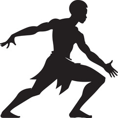 Dynamic black silhouette of an African warrior in a crouching, ready-for-action pose, depicting strength and tribal spirit.
