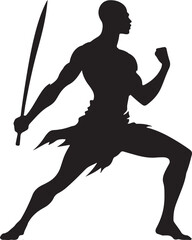 Strong black silhouette of an African warrior in a dynamic pose, holding a spear and wearing a loincloth, isolated on white.