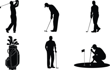 Naklejka premium Golf silhouette vector illustration set with players swinging clubs, putting, equipment, professional sport design artwork for athletic lifestyle