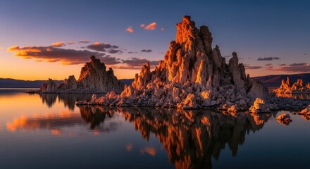 Dramatic Sunset over Mono Lake with Illuminated Tufa Formations and Perfect Water Reflections in California
