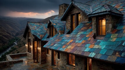 Luxurious stone home with colorful roof nestled in mountain landscape