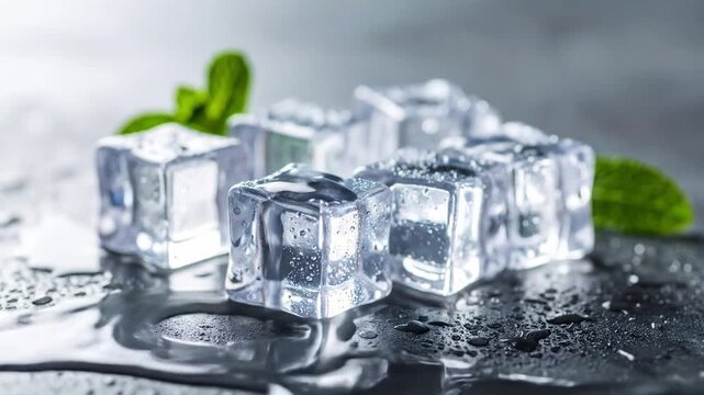 Close up of ice cubes with water droplets and mint leaves