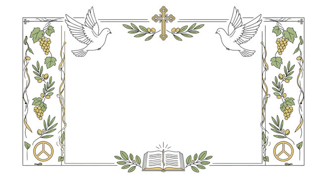 Elegant Spiritual Frame Illustration Featuring Doves, Cross, Open Book, and Peace Symbols for Religious Celebrations