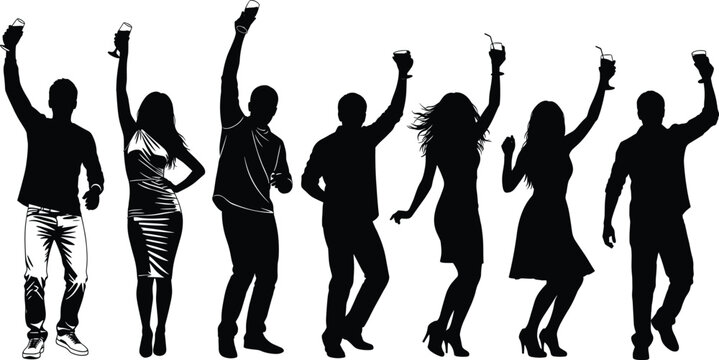 Group of dancing people with drinks in hand, party celebration silhouettes, festive vector illustration, nightlife crowd pose design pack