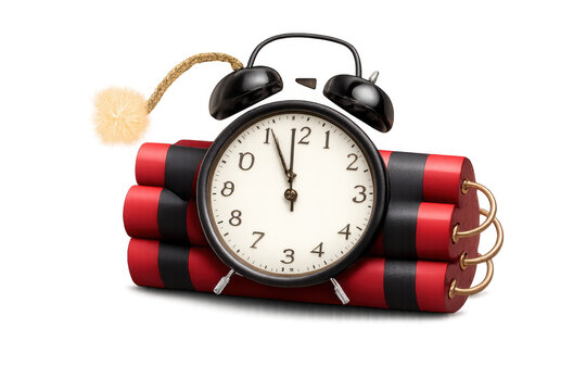 Time bomb concept showing dynamite bundled with an alarm clock ticking down a deadline, danger, and stress