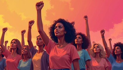 Diverse group of women raise fists in solidarity. Female protest, empowerment, and collective strength depicted against warm sunset sky. Fighting for rights, equality, and justice.