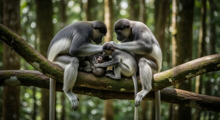 Obraz premium Indri lemur standing upright in a rainforest tree, with striking black and white fur and long limbs. The largest living lemur, known for its loud calls and arboreal life.