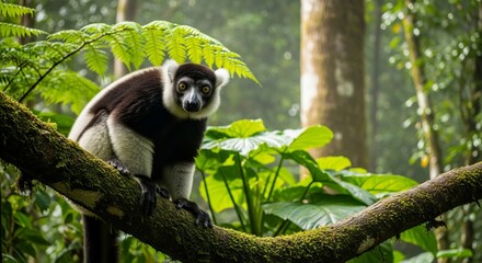 Fototapeta premium Indri lemur standing upright in a rainforest tree, with striking black and white fur and long limbs. The largest living lemur, known for its loud calls and arboreal life.