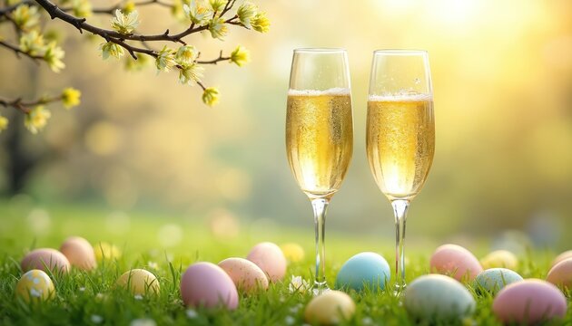Two champagne glasses filled with bubbly liquid sit on grass among colorful Easter eggs. A blooming tree branch with yellow flowers hangs overhead. Sunny spring day.