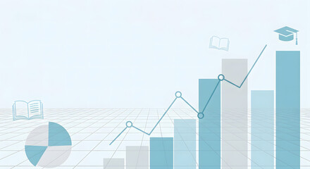Light blue background with a grid, showcasing various charts and graphs like a rising bar chart, an upward trend line, a pie chart, and educational symbols representing growth.