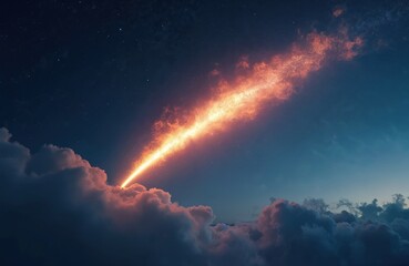 Fiery meteor streaks across dark starry sky. Bright burning object descends through clouds. Cosmic event illuminates night atmosphere. Space phenomenon seen from Earth.