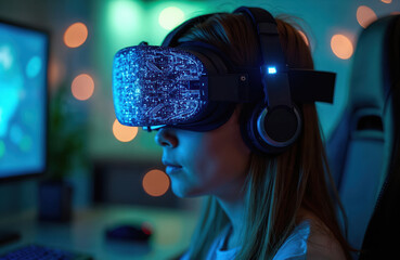 Young girl wears futuristic VR headset playing video game in dark room. Virtual reality goggles with blue lights connected to computer screen. Immersive digital entertainment.