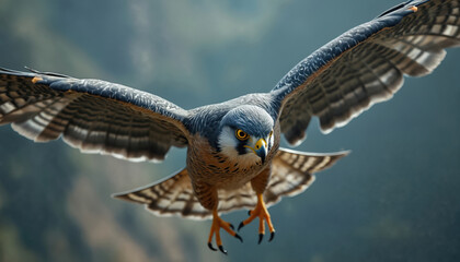 Peregrine falcon flying with wings spread wide, sharp focus on intense gaze, detailed feathers. Bird of prey in mid-air motion against blurred natural background. Majestic hunter in powerful flight.