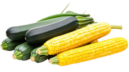 Two piles of classic American vegetables with sweet corn zucchini and bell peppers on transparent background