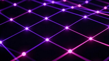 Neon grid pattern with glowing purple and pink dots on a dark background