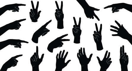 Fototapeta premium Hand gesture silhouette vector illustration set with diverse finger signs, pointing, peace, open palm, expressive communication design artwork
