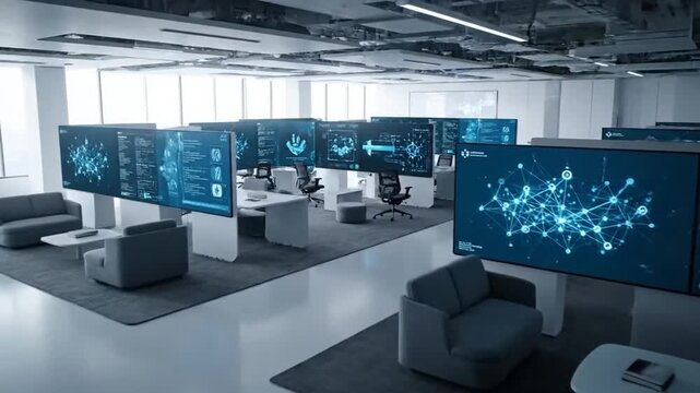 A modern office interior with multiple large screens displaying data visualizations, surrounded by gray chairs and minimalist white tables in a well-lit room with a futuristic ambiance.