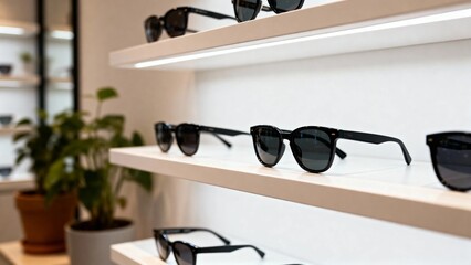Sunglasses displayed on wooden shelves in a modern retail store