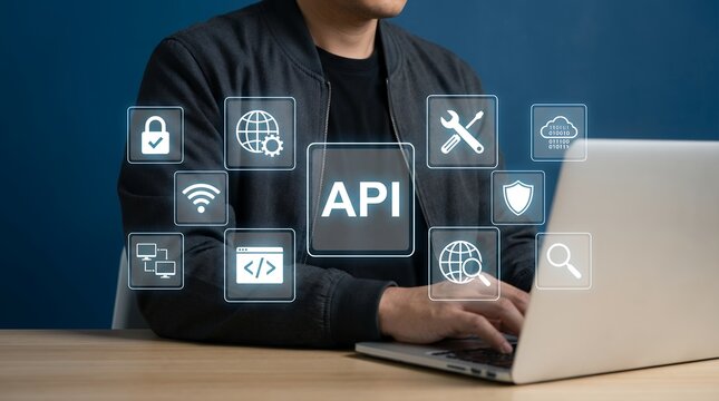 Person interacting with a laptop displaying an API interface surrounded by technology security and connectivity icons on a blue background programming software connection integration - Powered by Adobe