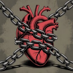 Anatomical heart symbol wrapped in heavy steel chains on dark background