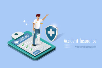 Broken leg man with crutch standing on health insurance policy and shield guard protection. Accident and medical health insurance concept. 