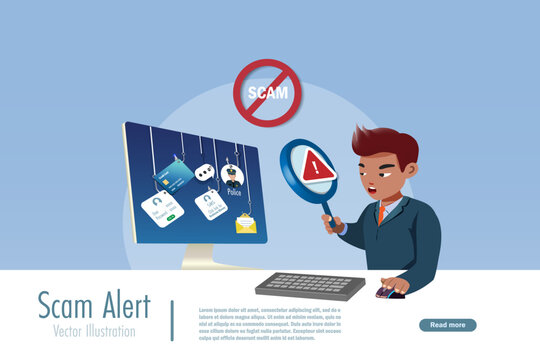 Businessman holding magnifying glass detected online phishing scam hooked on computer screen. Scam alert on cyber crime on SMS fraud link, credit card, password hacking and fake message. Vector.